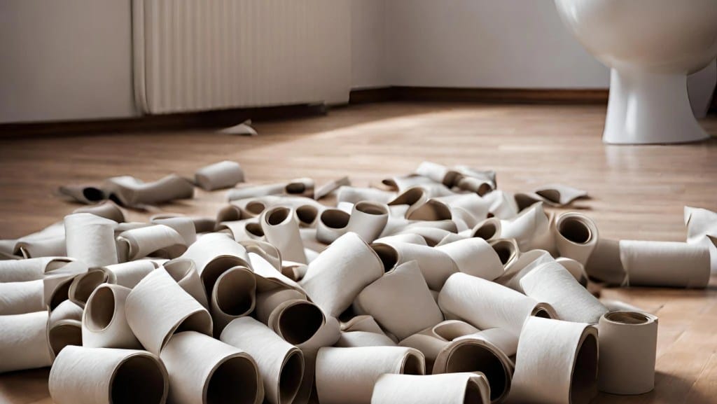 Floor covered in empty toilet paper rolls.