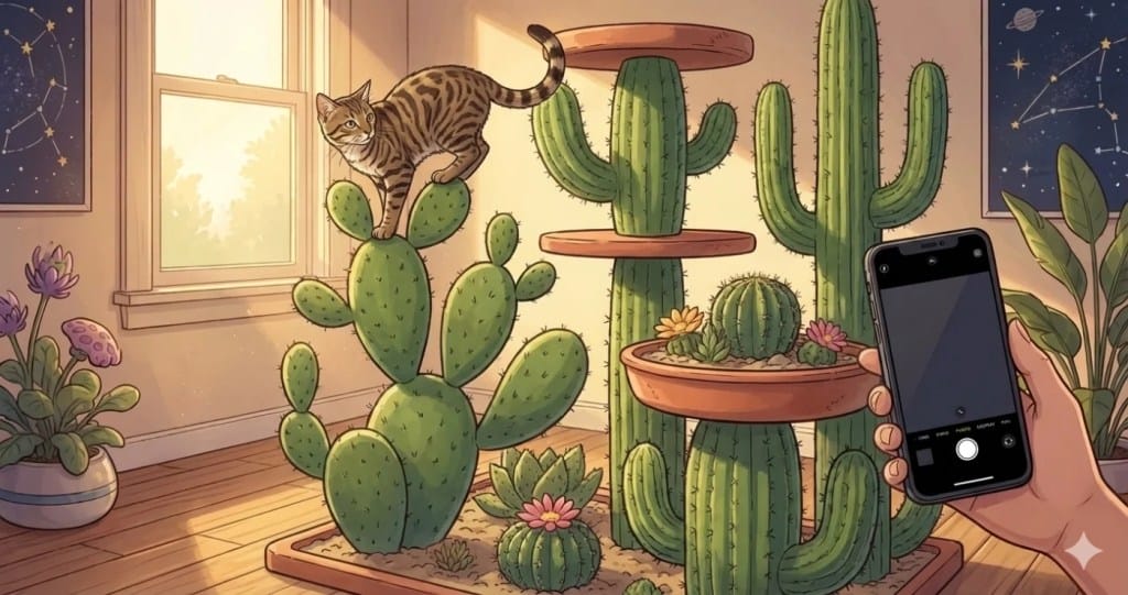 AI generated photo of a cat on a green cactus cat tree