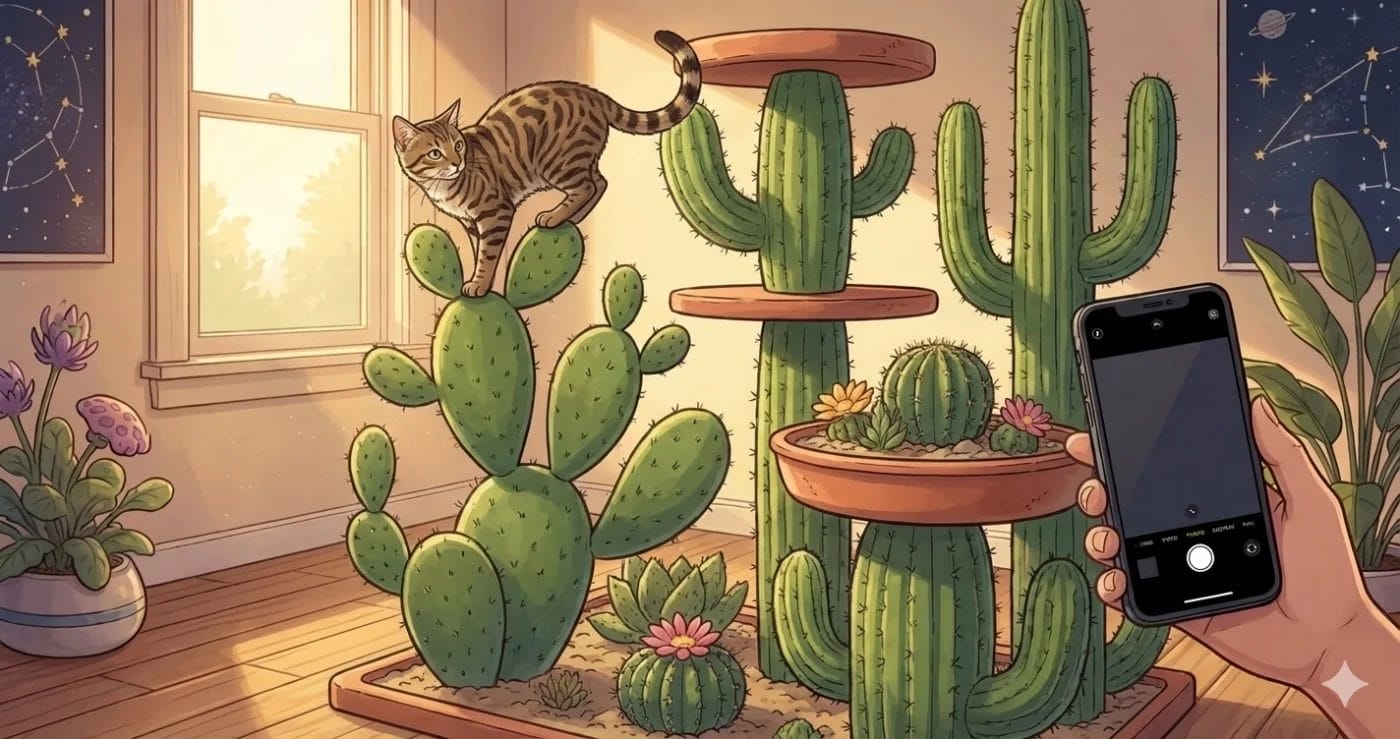 AI generated photo of a cat on a green cactus cat tree