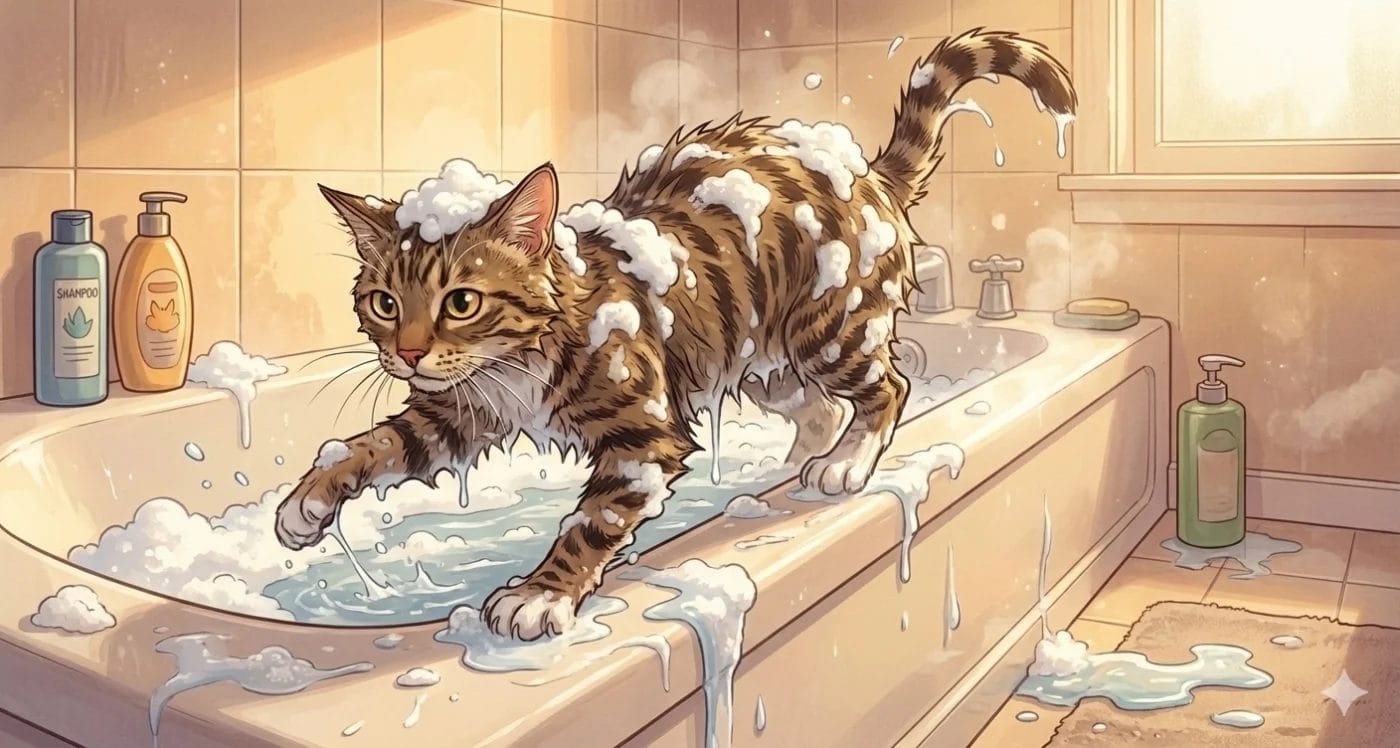 An AI generated image of a cat near a bathtub.