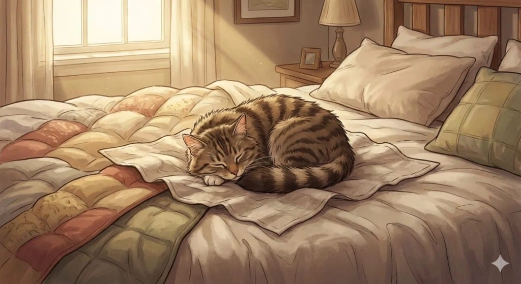 An AI generated photo of a cat sleeping on a blanket.