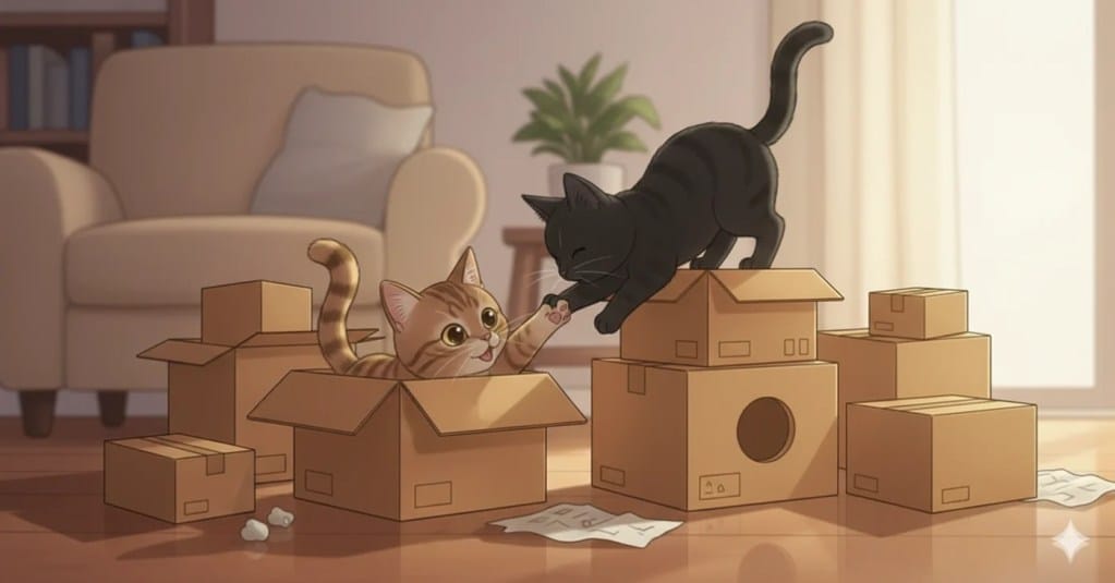 An AI generated image of two cats playing with some boxes.