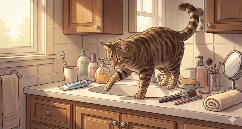 An AI generated image of a cat on a crowded bathroom counter.