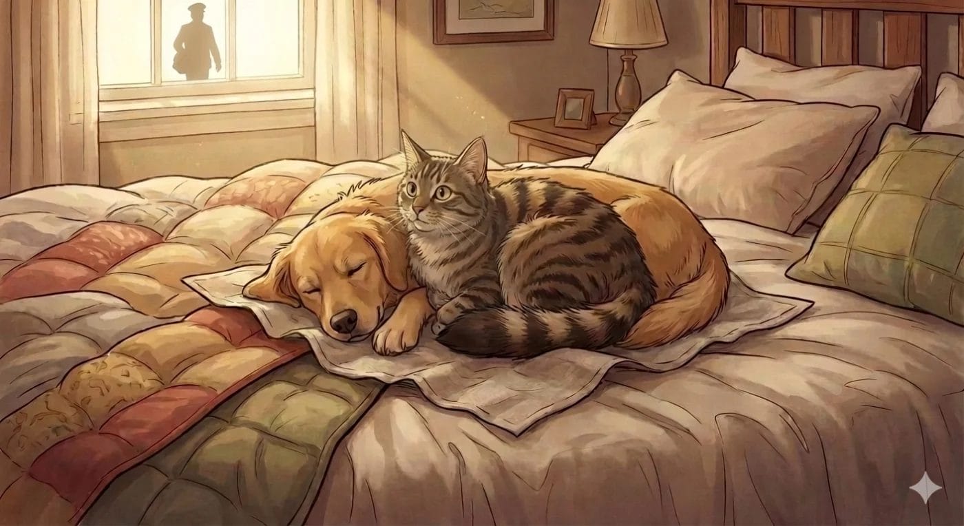 AI generated photo of a cat in attention as mailman approaches. A dlog is sleeping.