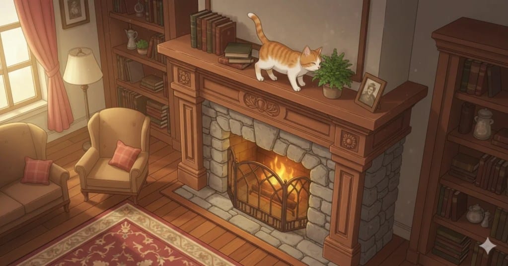 An AI generated image of a cat on a high fireplace mantle.