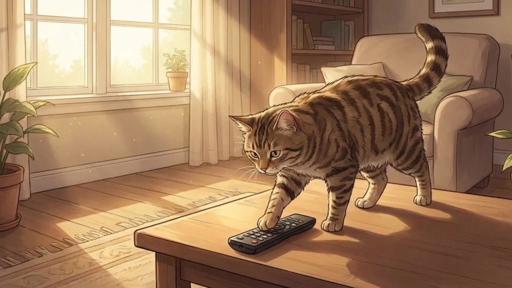 An AI generated image of a cat stepping on a remote.
