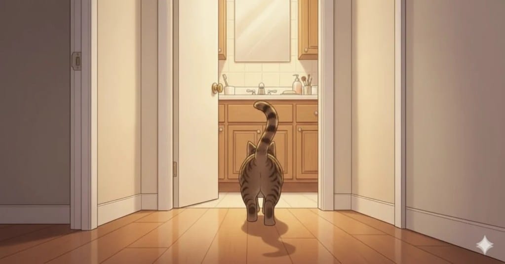 An AI generated image of a cat heading towards a restroom.