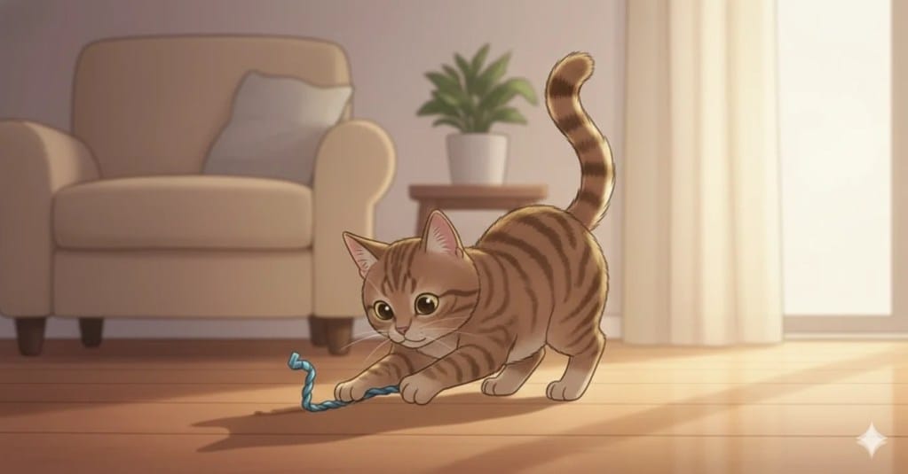 An AI generated image of a cat playing with a twist tie.