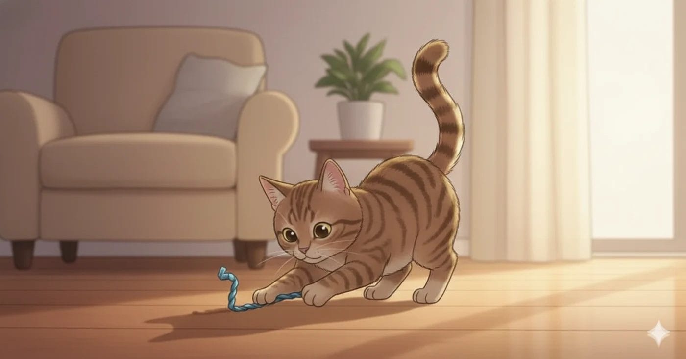 An AI generated image of a cat playing with a twist tie.