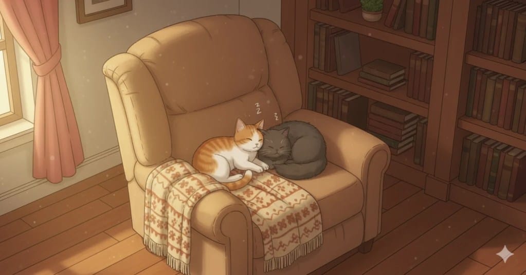 An AI generated photo of two cats sleeping in a recliner.