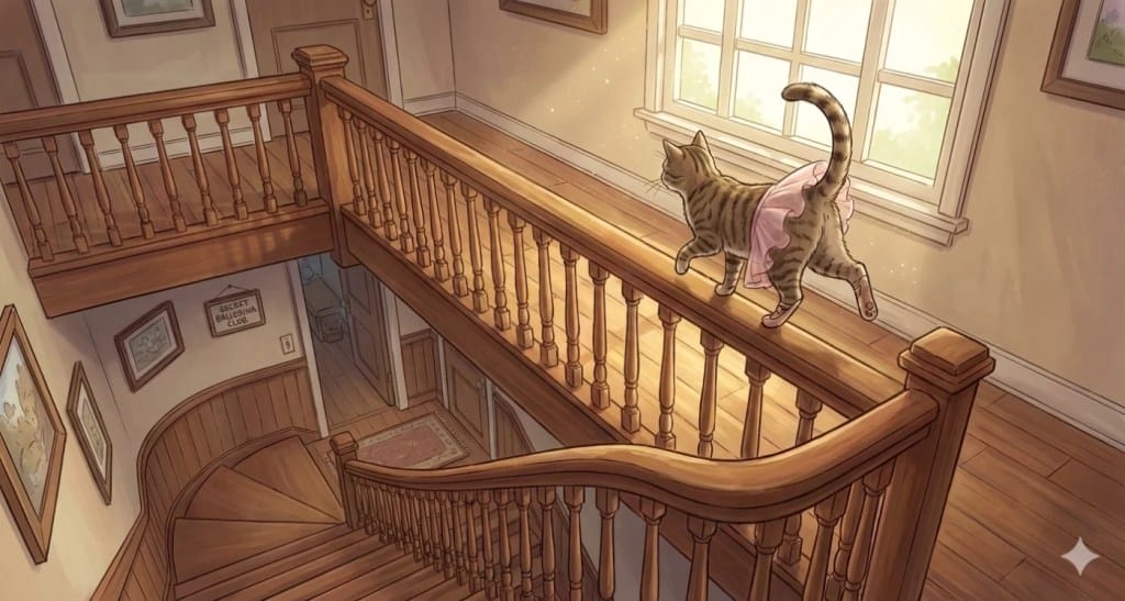 An AI generated image of a cat navigating a stairway railing at an extreme height.