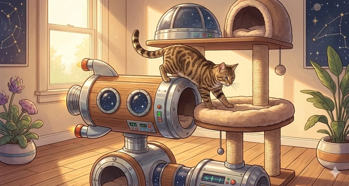 An AI generated image of a cat playing in a Spaceship cat tree.