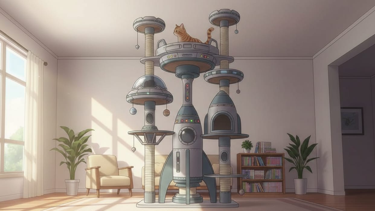 An AI generated image of a cat on a large spaceship-themed cat tree.