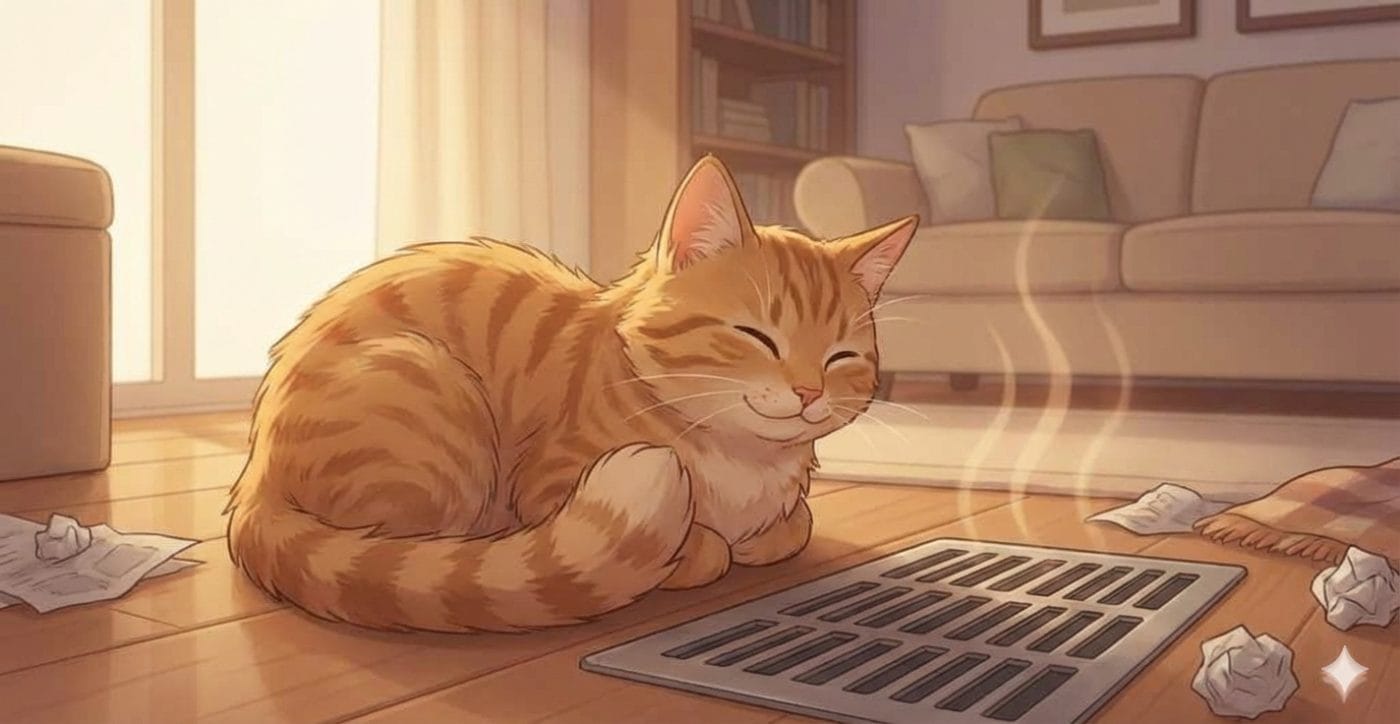 An AI generated image of a cat sitting near a heat vent.