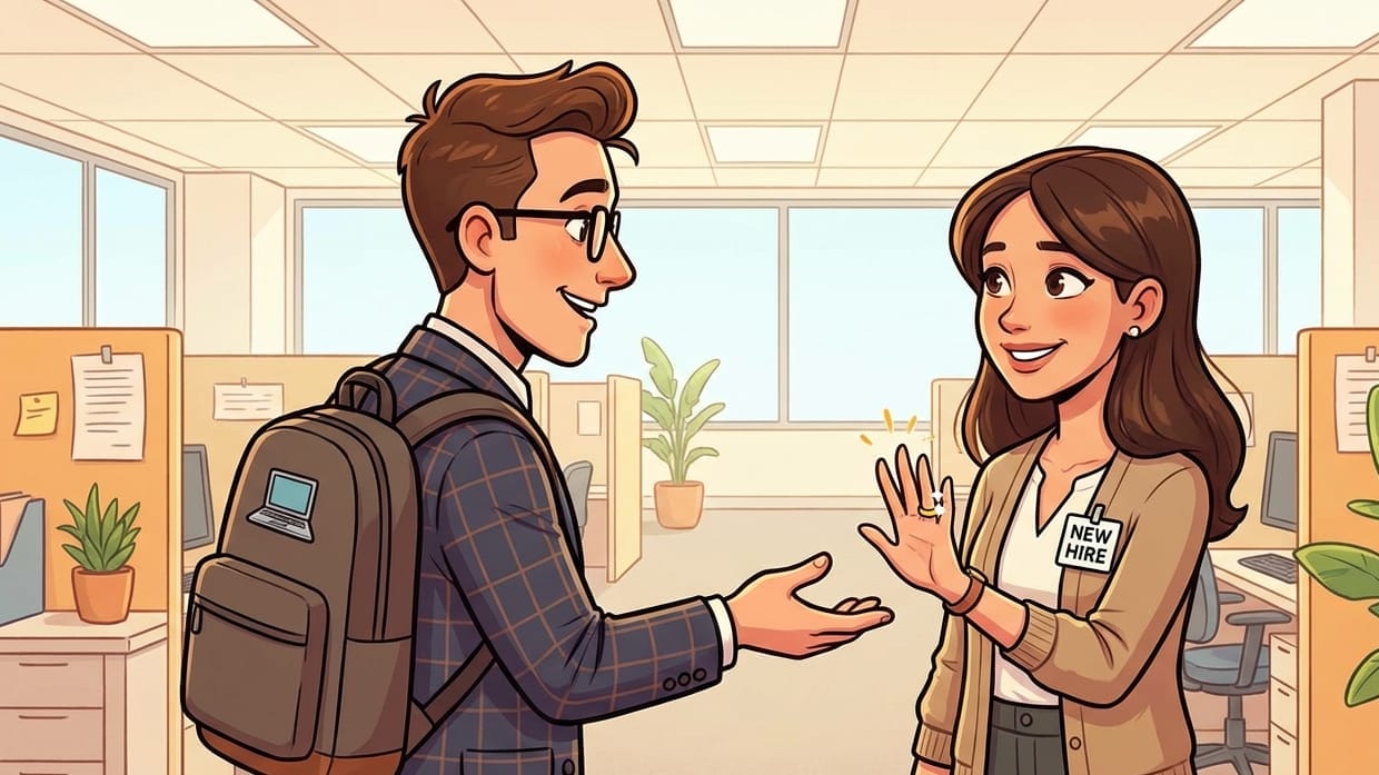 Comic of a New-hire and developer discussing when she announces she's married